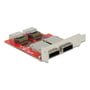 Delock Mini SAS Adapter til 2 x 36 pin SAS SFF-8087, vist på gul baggrund med detaljeret billede af adapteren.