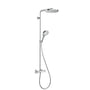 Hansgrohe Raindance Select S Showerpipe 240 1jet i krom, viser hovedbruser, håndbruser, termostat og slange på hvid baggrund.