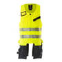 Bagside af Mascot Hi-Vis værktøjsvest i gul og mørk marine, str. L, med detaljerede lommer og justeringsmuligheder.