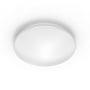 Undersiden af Philips Moire loftlampen, der viser dens ensartede hvide design og runde form uden synlige kanter.