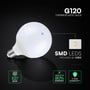 V-TAC LED-globepære G120 med hvid rund kuppel og E27-fatning vist skråt fra siden i en produktgrafik.