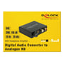 Forfra Delock digital audio converter på gul baggrund, med teksten 'Digital Audio Converter to Analogue HD' og specifikationer.