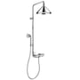 Hansgrohe Axor Front showerpipe i krom med en rund hovedbruser, justerbar håndbruser og termostatbatteri på en hvid baggrund.