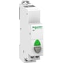 Schneider Electric Acti9 iPB trykkontakt i hvid plast med grøn LED-indikator og grå betjeningsknap.