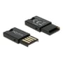 To DeLock USB 2.0 kortlæsere til Micro SD viser USB-stikket og den udtrækkelige dæksel.