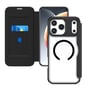Det sorte 4smarts Urban Pro-flipcase til Apple iPhone 18 Pro og 17 Pro ses åbent omkring en telefon med kortlomme og magnetring.