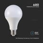 V-TAC A80 LED pære i termoplast med E27 fatning, angiver 'No Flickering', 'No Mercury', 'No UV Radiation'.