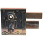 ASSA ABLOY 5910 gitterportlås set forfra med firkantet grebshul, cylinder og falle samt rigel, der rager ud til højre.