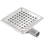Nærbillede af Blücher Square mini boligafløbs rist i syrefast stål, der viser det firkantede mønster og undersiden af afløbet.