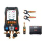 Samlet testo 558S Vacuum Kit med manifold, to klemmetermometre, vakuumsonde og kuffert vist i oversigt.