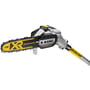 DeWalt 18V XR kædesav med forlængerskaft, viser det sorte og gule kædesavshoved med DeWalt logo og 18V XR markering.