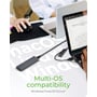 ICY Box M.2 NVMe- og SATA-SSD-kabinet tilsluttet en bærbar computer med USB-kabel; et M.2-drev ses ved siden af.