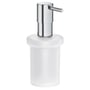 Grohe Start sæbedispenser i krom med glasbeholder og blank metal pumpe, elegant design til badeværelset.