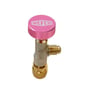 Refco A-38410 serviceventil med pink drejeknap og sidevendt gevindstuds, set skråt ovenfra.