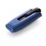Blå Verbatim V3 MAX USB-nøgle set fra siden, viser 'slide and lock' mekanismen og den blanke overflade.