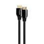 Deltaco Ultra High Speed HDMI-kabel hænger lodret med de to stik øverst og det sorte kabel nedad.