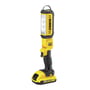 Detaljeret billede af Dewalt DCL050-XJ 18V XR LED arbejdslygte, viser det gule og sorte design samt 18V XR Li-Ion batteri.