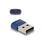 To vinkler af DeLock USB 2.0 adapteren i blå, viser både USB Type-A han og USB Type-C hun porte for nem tilslutning.