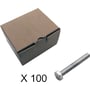Lukket brun papkasse med Cubic 100 stk. 6 kt. skruer uden skaft, en enkelt skrue med fuldt gevind ligger ved siden af.