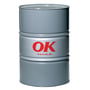 Grå metaltønde med tydeligt OK logo og www.ok.dk påtrykt, indeholdende 195 liter specialbenzin.
