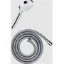Hansgrohe Crometta Vario bundle med en kromfarvet håndbruser og en lang, snoet bruseslange på lysegrå baggrund.