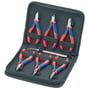 Knipex elektroniktangsæt med 7 dele åbent etui, der viser 6 præcisions-tænger og en pincet med blå og røde håndtag.