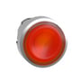 Nærbillede af et rundt, orange Schneider Electric Harmony XB4 lysende trykhoved med lysende effekt, monteret i en metalkant.