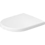 Duravit D-Code toiletsæde med låg i hvid højglans, vist med soft close funktion på hvid baggrund.
