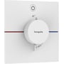 Hansgrohe ShowerSelect Comfort E termostatbatteri i hvid med en stor firkantet betjeningsplade og et rundt greb.