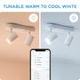 WiZ Imageo spotlampe viser justerbar hvid balance fra varm til kold hvid med tilhørende app-indstillinger.