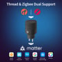 Grafik viser Aqara Outdoor Plug H2 EU mellem Thread- og Zigbee-symboler med Matter og smart home-platforme.