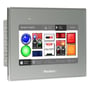 Schneider Electric Pro-face HMI SP5000-serie touchpanel med 4" skærm, viser kontrolikoner som ON/OFF-knapper, lys og menuer.
