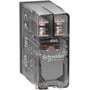 Schneider Electric Harmony RXG stikbensrelæ med 2 C/O 5A kontakter og 24V AC spænding, vist med transparent plastik. Ses fra siden med synlige kobberterminaler og mærkning.
