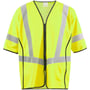 Tæt på Mascot gul trafikvest, klasse 3, med fluorescerende effekt og brede reflekterende bånd på både lodrette og vandrette linjer.