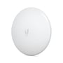Hvid Ubiquiti Wave-LR PtMP-station til 60 GHz set forfra med det runde kabinet og Wave-logo.