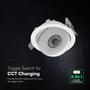 V-TAC COB LED-downlight med grafik, der viser skift mellem tre lysfarver via en kontakt.
