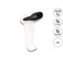 Delock 1D/2D barcode scanner med ikoner, der viser 1D/2D scanning, 2.4 GHz, Bluetooth og LED-lys.
