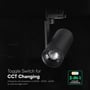V-TAC 30 W skinnespot med grafik om CCT-skift mellem tre lysfarver via en kontakt.