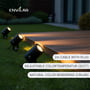 Envilar havespots lyser langs en terrasse, mens teksten fremhæver kabel med stik og justerbar farvetemperatur.