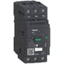 Schneider Electric kortslutningsudløser GV3L32, 32A, med grøn betjeningsknap og testfunktion, monteret på mørkegrå baggrund.