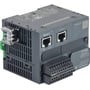 Schneider Electric Modicon M221 PLC set fra siden, visende en grå enhed med 24V forsyning, 2 serielle porte og skrueterminaler.