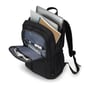 Dicota Eco Backpack SCALE til 15–17,3” står åben med laptop, mapper og småting synligt fordelt i rummene.