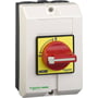 Schneider Electric TeSys Vario sikkerhedsafbryder, 4kW/10A, med rød/gul betjeningsknap og gul baggrundsindikering.