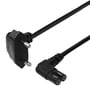 Nærbillede af Deltaco strømkabel, viser det vinklede CEE 7/16 Eurostik og det vinklede C7 stik på sort kabel.