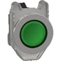 Schneider Electric flush signallampe i metal med grøn LED, 24V, vist fra fronten med fokus på den runde grønne linse og metalkanten.