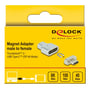DeLock Thunderbolt 3 / USB Type-C magnetisk adapter set, vist i sin gule emballage med specifikationer som 8K 30Hz og 40 Gbps.