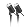 To sorte Deltaco SH-GLKEX01 smart havelys med jordspyd, viser deres sorte metaldesign og stik.