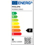 Philips LED energimærke F for en 8W pære, der bruger 8 kWh/1000h, med QR-kode og EU-logo.
