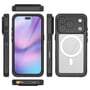 Det sorte 4smarts Stark-cover til iPhone 17 Pro vises forfra, bagfra og fra siderne med knapper og porte.
