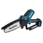 Makita batteridrevet grensav med 15 cm sværd og 8 m/s kædehastighed, udført i sort og turkis plast.